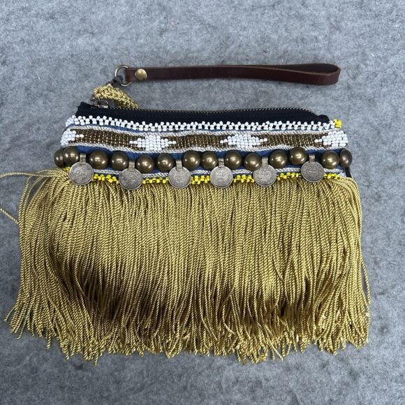 Elliot Mann NY Indie Clutch Wristlet Beaded Gold Fringe Coins Boho Handcrafted - Picture 2 of 10